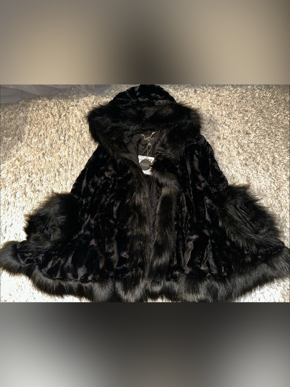 Luxurious Black Faux Fur Hooded Cape with Plush Trim